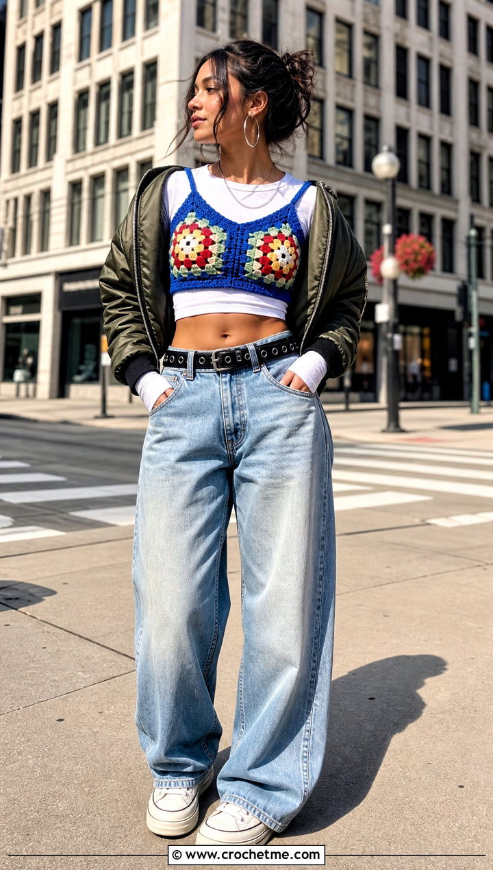 Granny Square Crop Top With Baggy Jeans - 25 Crochet Tops For Fall outfit ideas