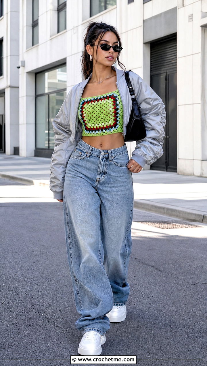 Granny Square Crop Top With Baggy Jeans - 35 granny square clothing and outfit ideas
