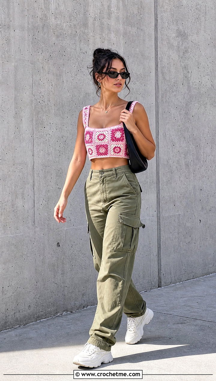 Granny Square Crop Top With Cargo Pants - 25 Crochet Clothes With Granny Squares outfit ideas