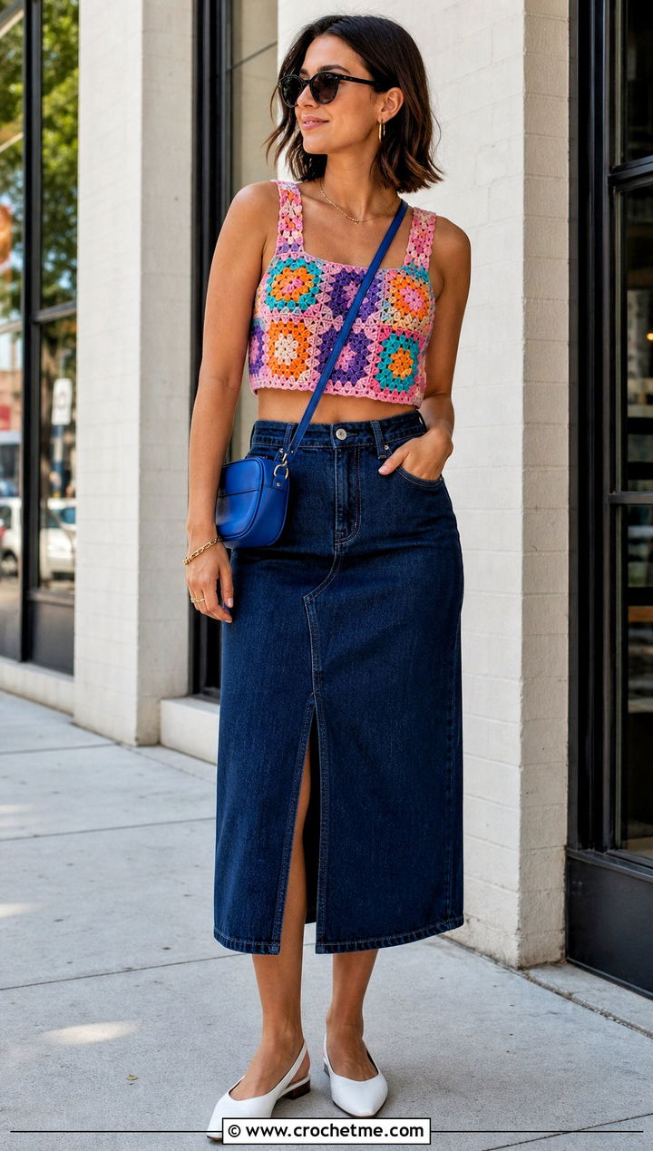 Granny Square Crop Top With Denim Midi Skirt - 35 knitted crochet top outfit ideas