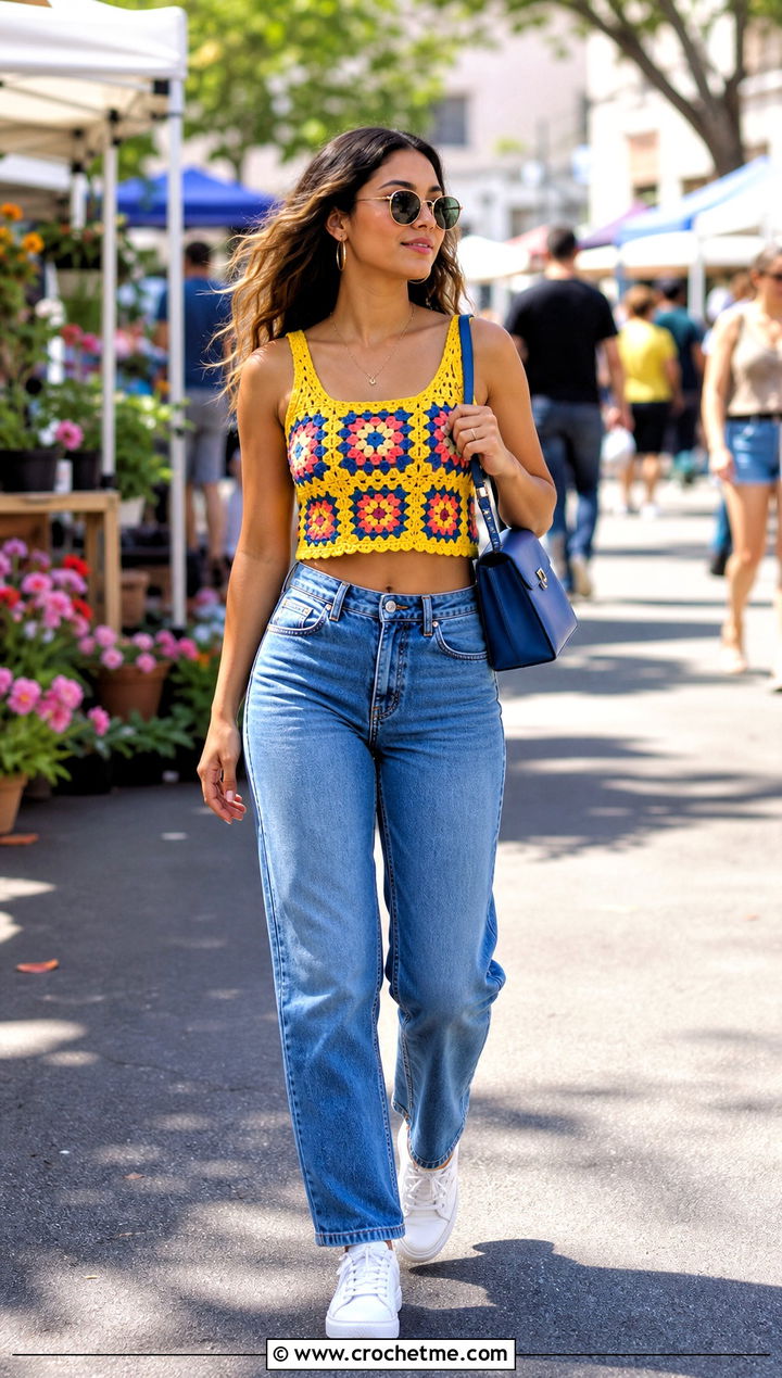 Granny Square Crop Top With Straight Leg Jeans - 25 cute easy crochet tops outfit ideas