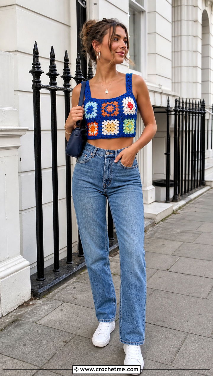 Granny Square Crop Top With Straight Leg Jeans - 30 quick crochet top outfit ideas