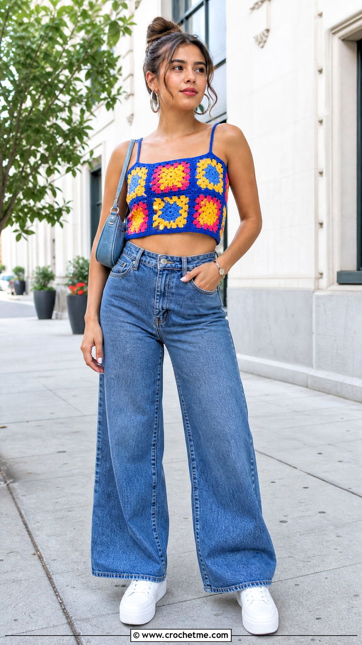 Granny Square Crop Top With Wide Leg Jeans - 35 aesthetic crochet tops outfit ideas
