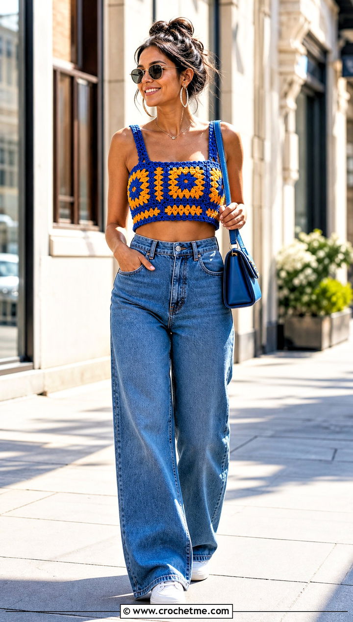 Granny Square Crop Top With Wide Leg Jeans - 35 Crocheted Summer Tops outfit ideas