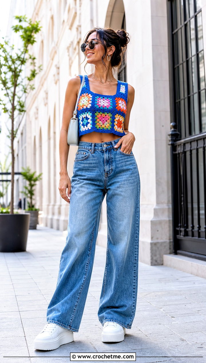 Granny Square Crop Top With Wide Leg Jeans - 15 cool crochet top outfit ideas