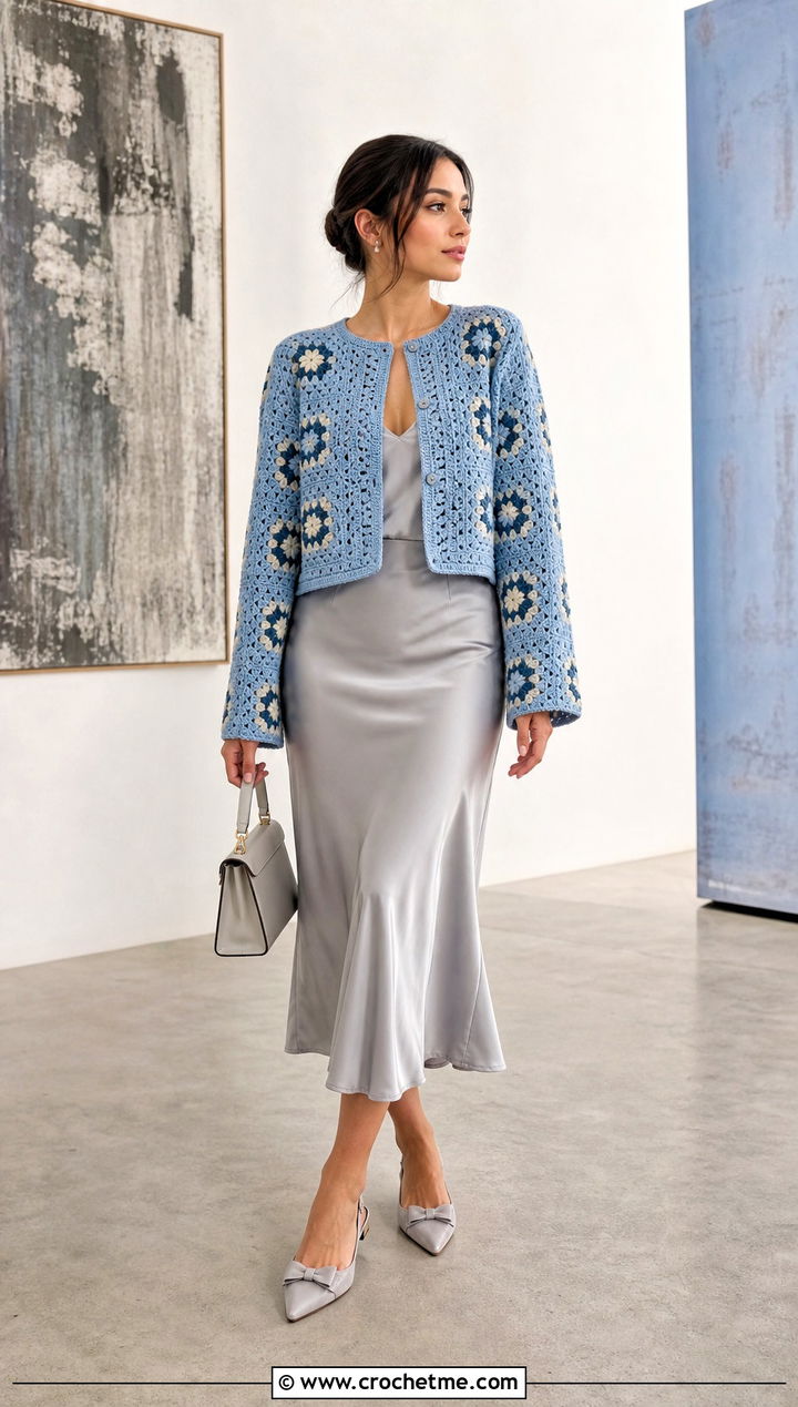 Granny Square Cropped Cardigan With Satin Midi Skirt - 35 Granny Square Clothing Ideas