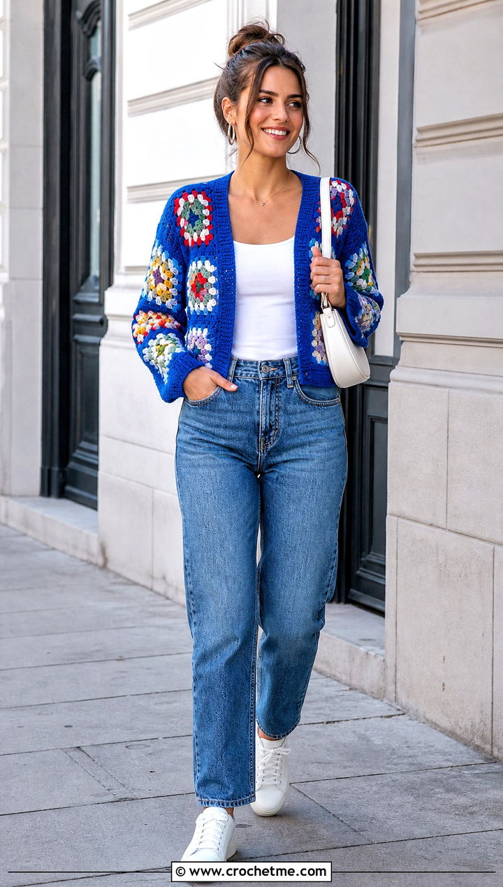Granny Square Cropped Cardigan With Straight Leg Jeans - 25 crocheted cropped cardigan outfit ideas