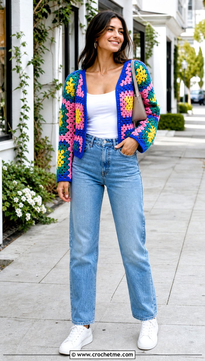 Granny Square Cropped Cardigan With Straight Leg Jeans - 25 Crochet Colourful Cardigan outfit ideas