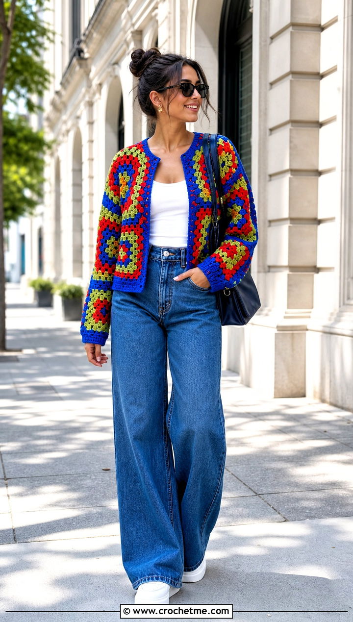 Granny Square Cropped Crochet Cardigan With Wide Leg Jeans - 35 cropped crochet cardigan outfit ideas