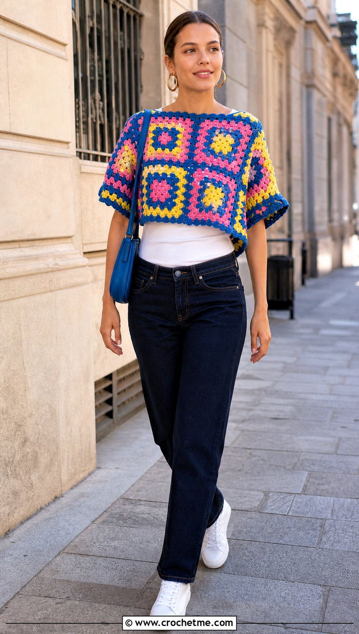 Granny Square Cropped Crochet Poncho With Straight Jeans - 20 Cropped Crochet Poncho outfit ideas