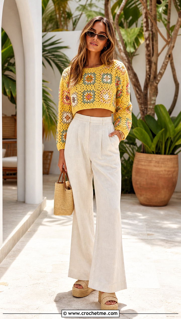 Granny Square Cropped Crochet Summer Sweater With Linen Pants - 15 Crochet Summer Sweater outfit ideas