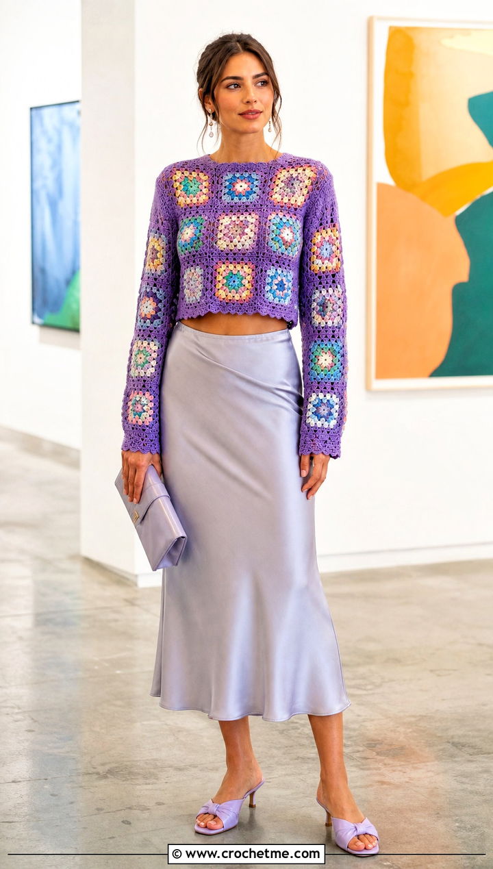 Granny Square Cropped Crochet Sweater With Satin Skirt - 35 cropped crochet sweater outfit ideas