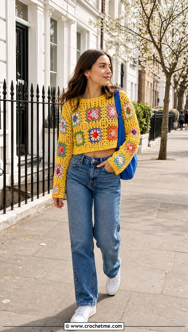 Granny Square Cropped Crochet Sweater With Straight Leg Jeans - 35 crop crochet sweater outfit ideas