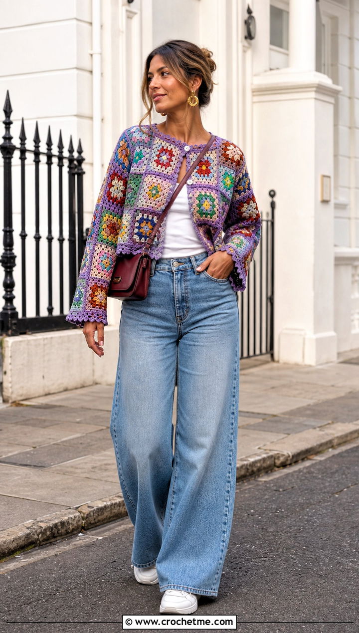 Granny Square Cropped Sweater With Wide Leg Jeans - 25 summer crochet sweaters outfit ideas