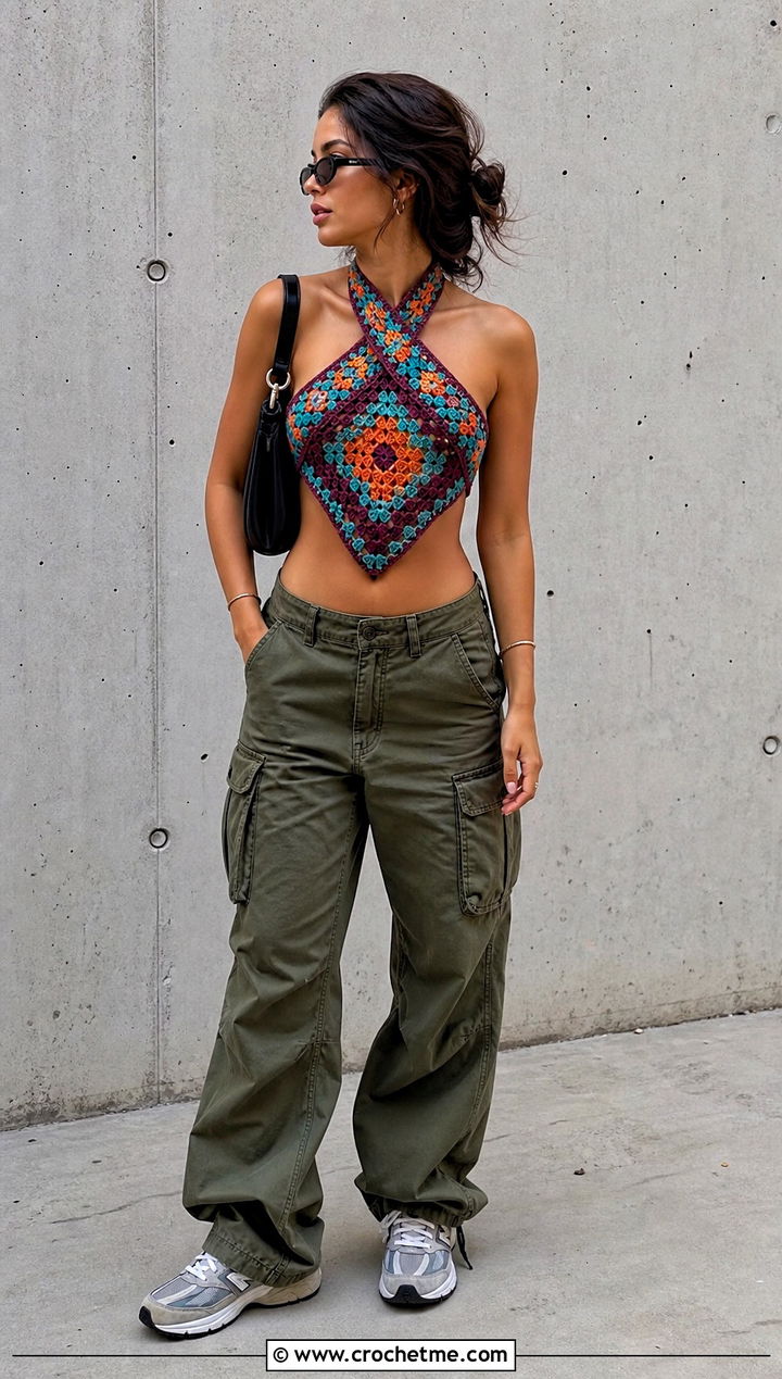 Granny Square Cross Top With Cargo Pants - 20 Crochet Cross Top outfit ideas