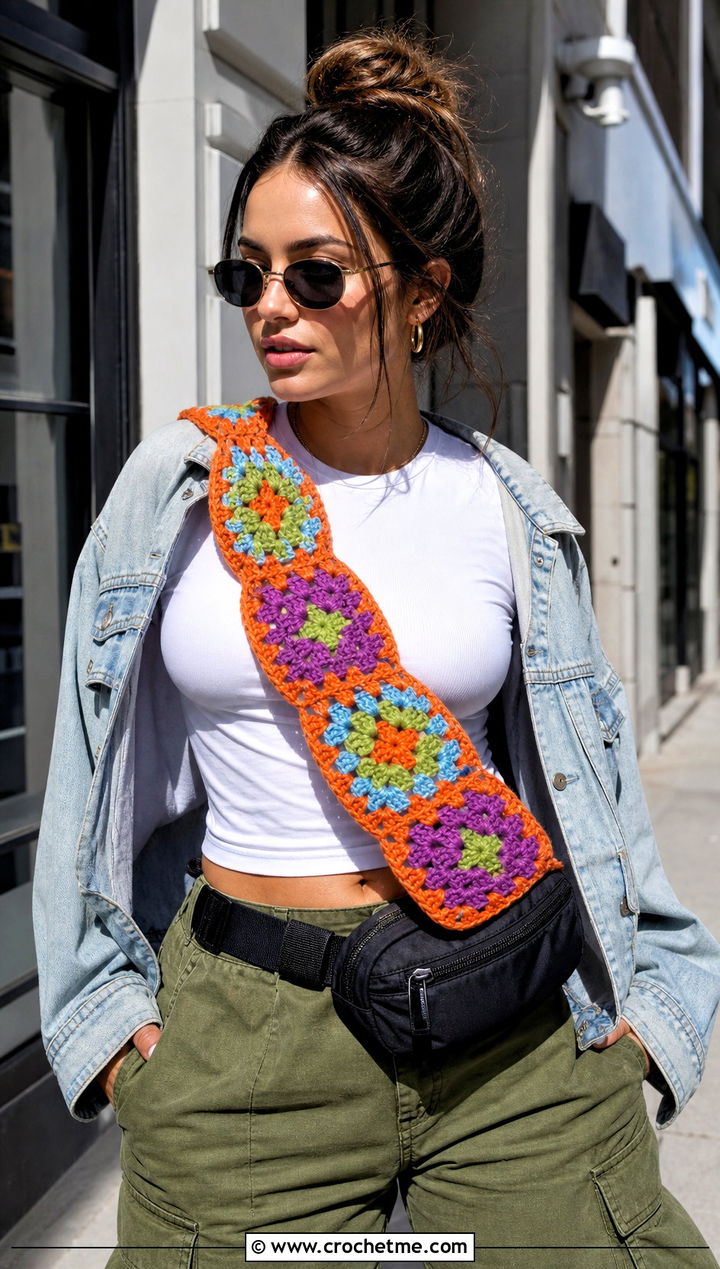 Granny Square Crossbody Crochet Cowl With Denim Jacket And Cargo Pants - 15 Crossbody Crochet Cowl outfit ideas