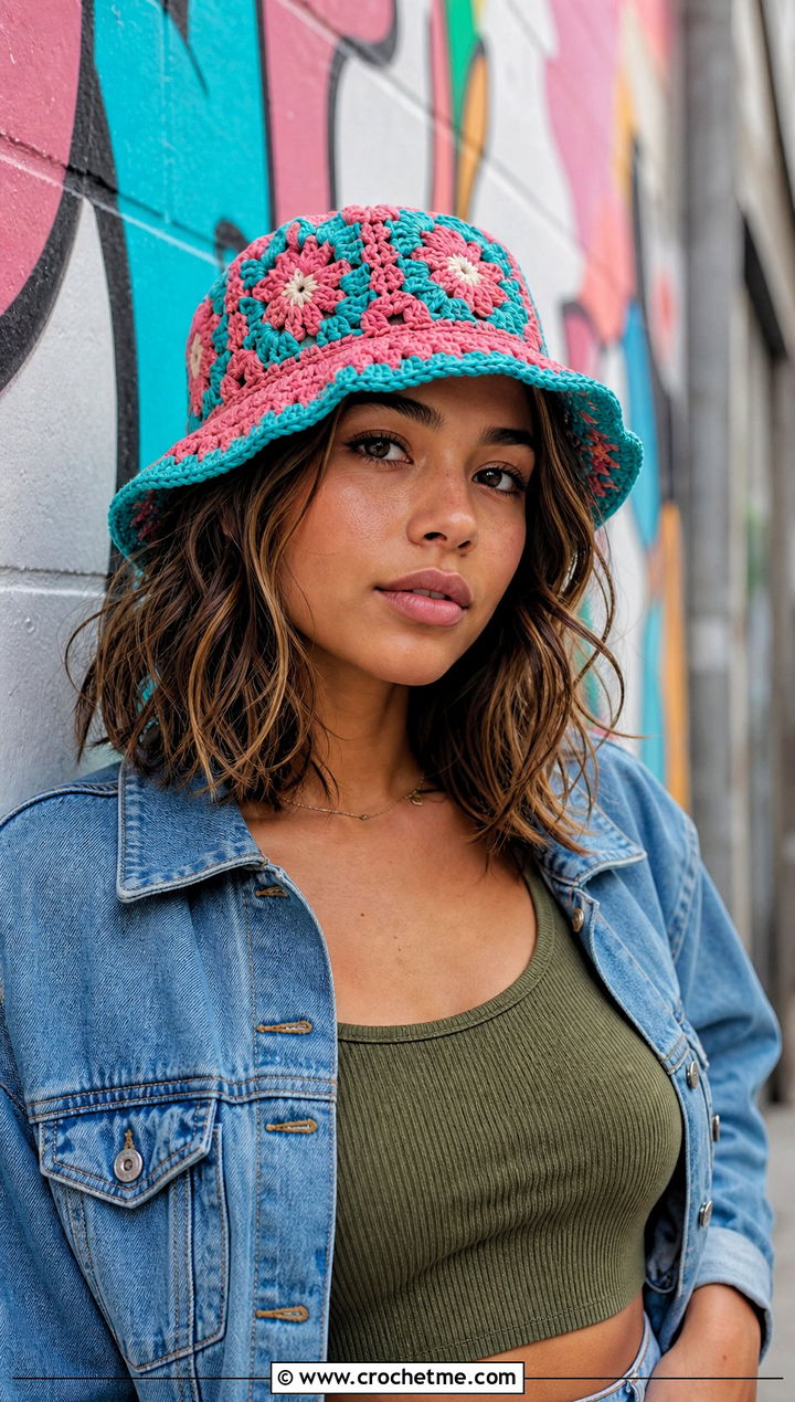 Granny Square Crown Crochet Raffia Bucket Hat With Denim Jacket - 25 crochet raffia bucket hat outfit ideas