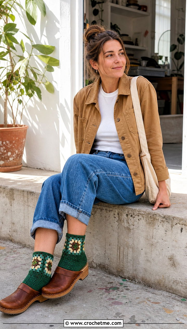 Granny Square Cuff Crochet Flat Socks With Barrel Jeans - 25 Crochet Flat Socks outfit ideas