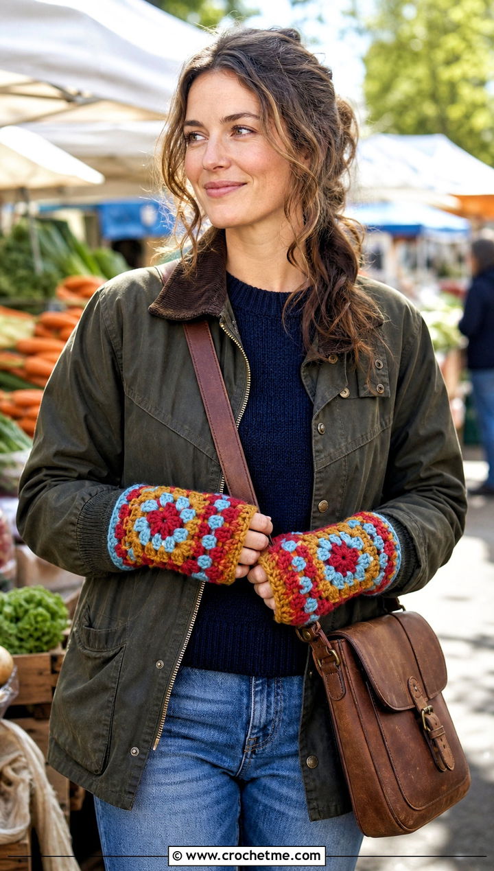 Granny Square Cuff Fingerless Gloves With Barn Jacket - 25 Crochet Fingerless Gloves Bulky Yarn outfit ideas