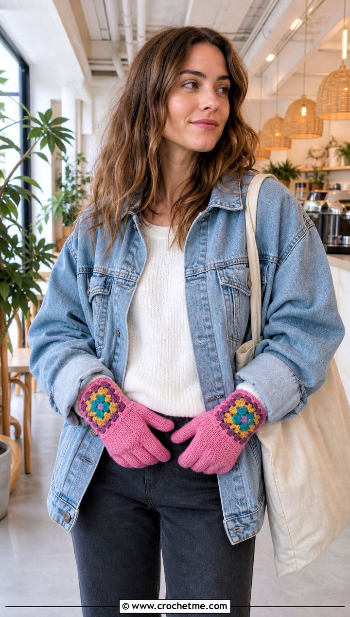 Granny Square Cuff Full Finger Crochet Gloves With Denim Jacket - 15 Crochet Fingered Gloves outfit ideas