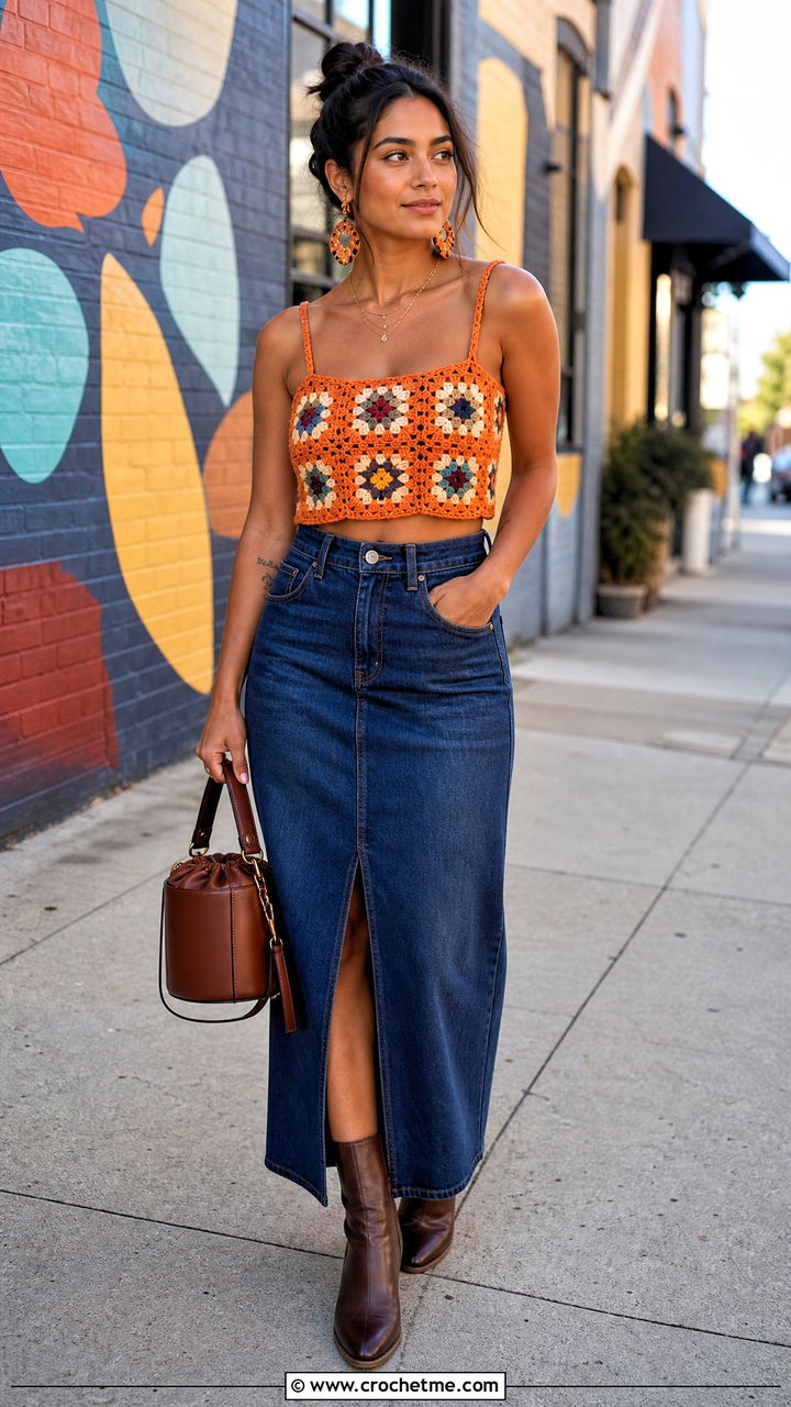 Granny Square Cup Crochet Top With Denim Maxi Skirt - 35 crochet cups top outfit ideas