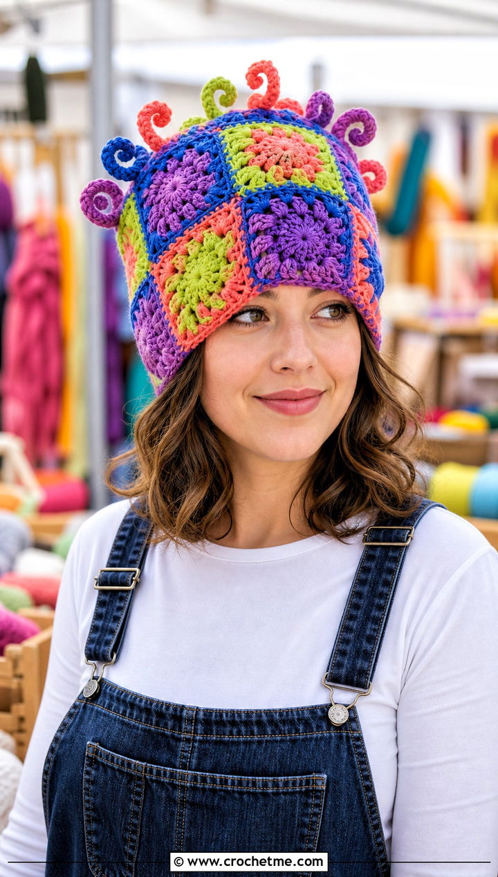 Granny Square Curly Cue Hat With Overalls - 25 Crochet Curly Cue Hat outfit ideas