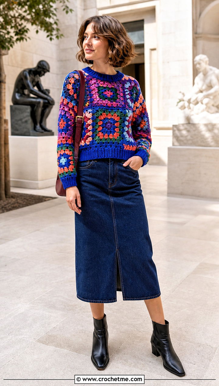 Granny Square DK Weight Crochet Sweater With Denim Midi Skirt - 25 Dk Weight Crochet Sweater outfit ideas