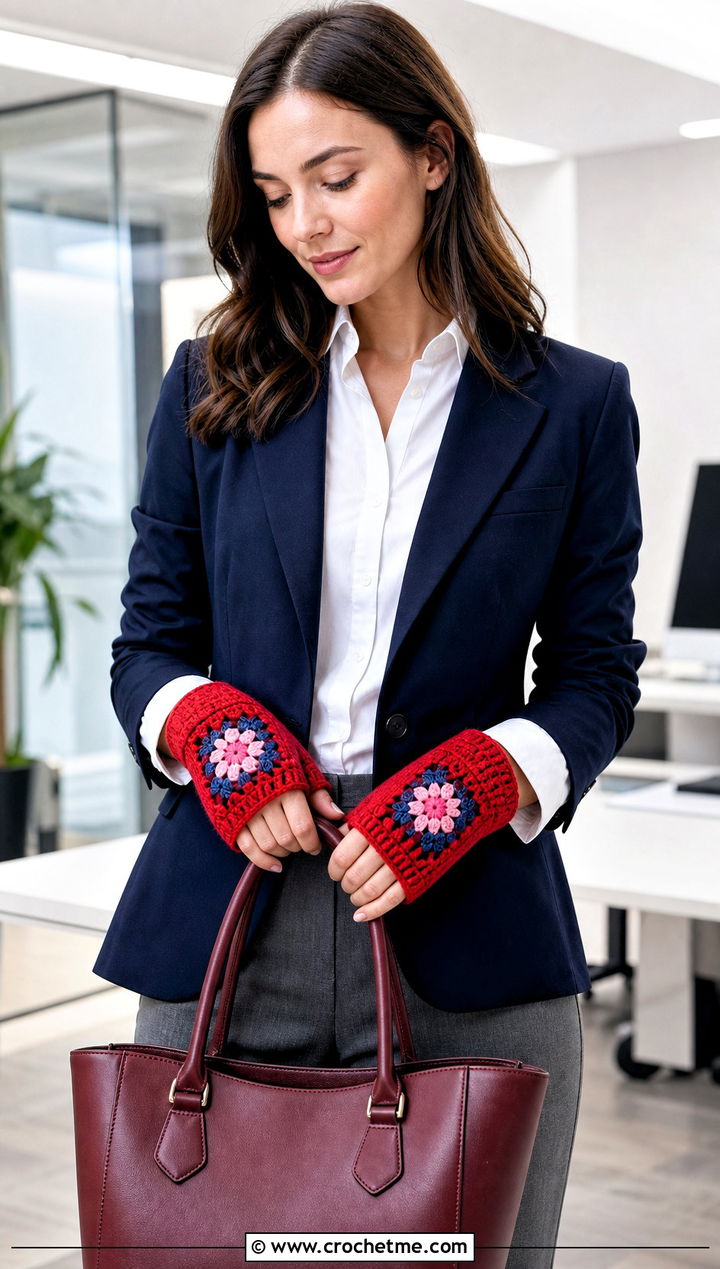 Granny Square DK Yarn Crochet Fingerless Gloves With Blazer - 25 dk yarn crochet fingerless gloves outfit ideas