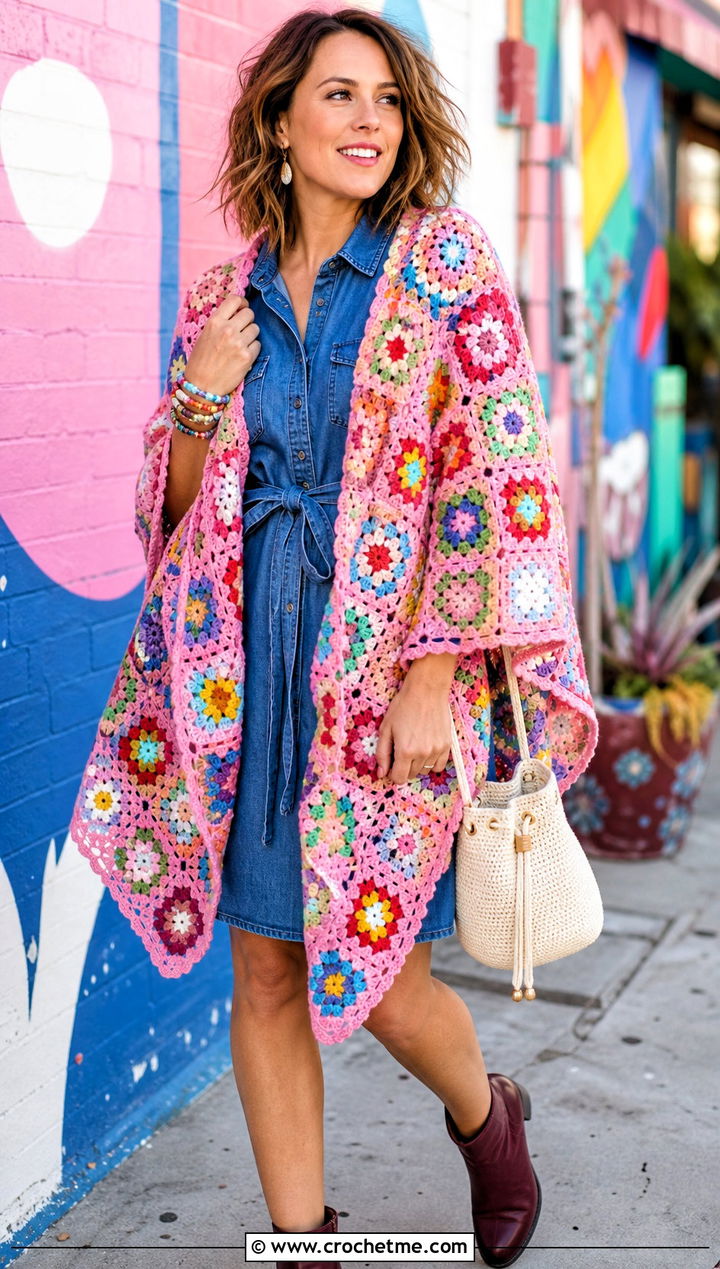 Granny Square DK Yarn Crochet Shawl With Denim Dress - 25 Crochet Shawl Dk Yarn outfit ideas