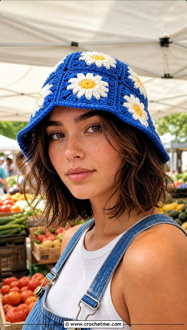 Granny Square Daisy Crochet Bucket Hat With Denim Overalls - 25 daisy crochet bucket hat outfit ideas