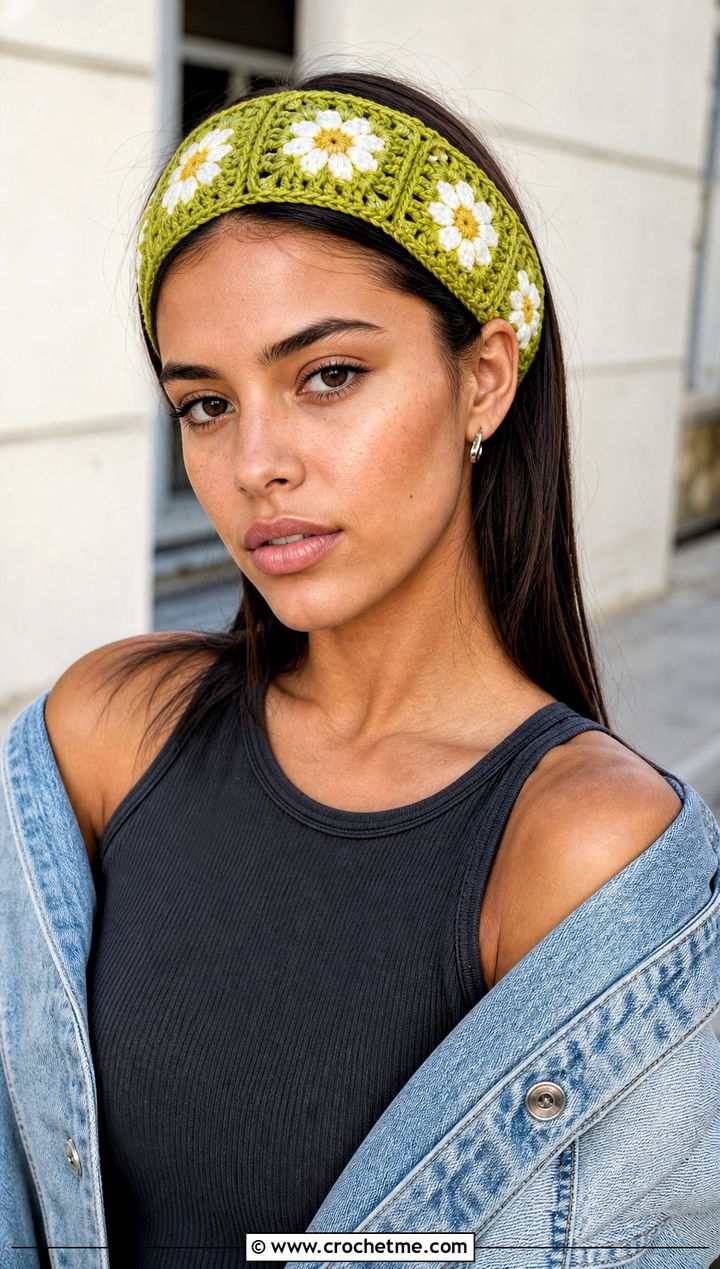 Granny Square Daisy Crochet Headband With Denim Jacket - 15 daisy flower crochet headband outfit ideas