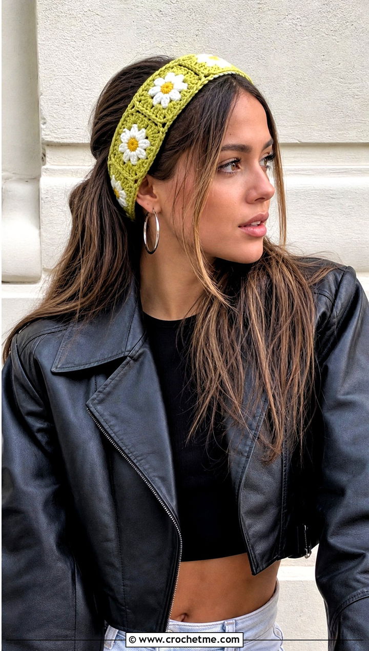 Granny Square Daisy Headband With Leather Jacket - 25 Crochet Daisy Headband outfit ideas