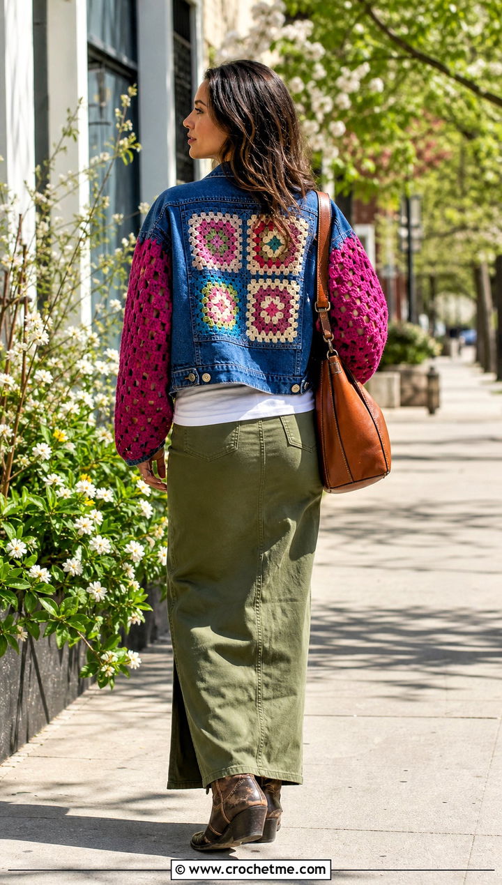 Granny Square Denim Jacket With Maxi Skirt - 30 granny square jackets outfit ideas