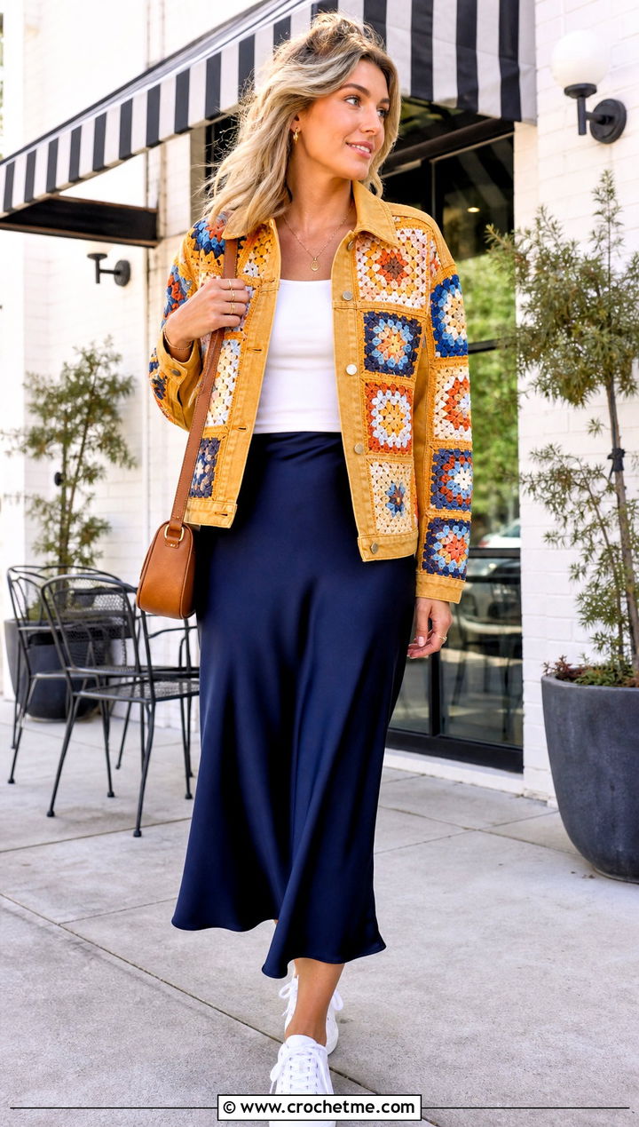 Granny Square Denim Jacket With Slip Skirt - 30 granny squares clothes and outfit ideas