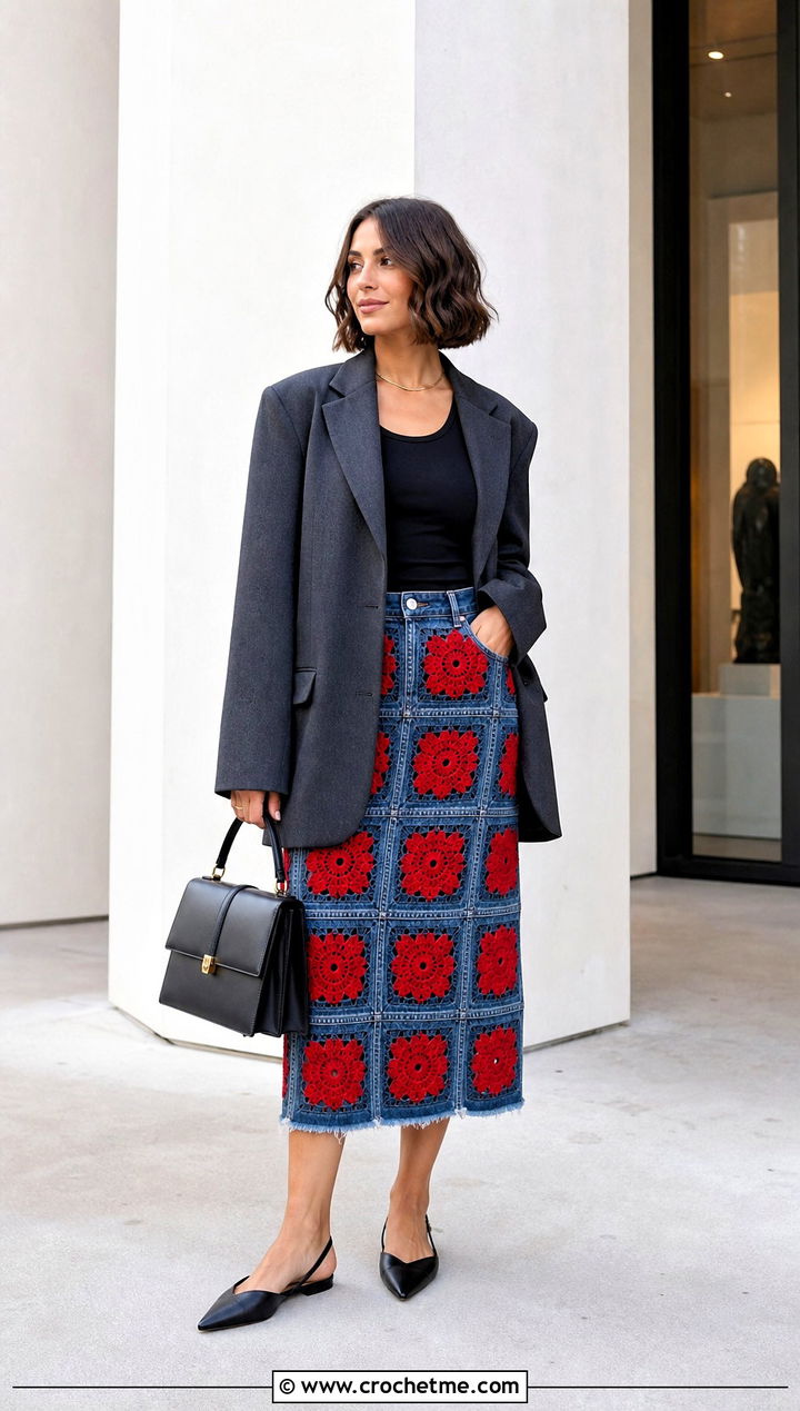 Granny Square Denim Midi Skirt With Oversized Blazer - 30 denim crochet skirt outfit ideas