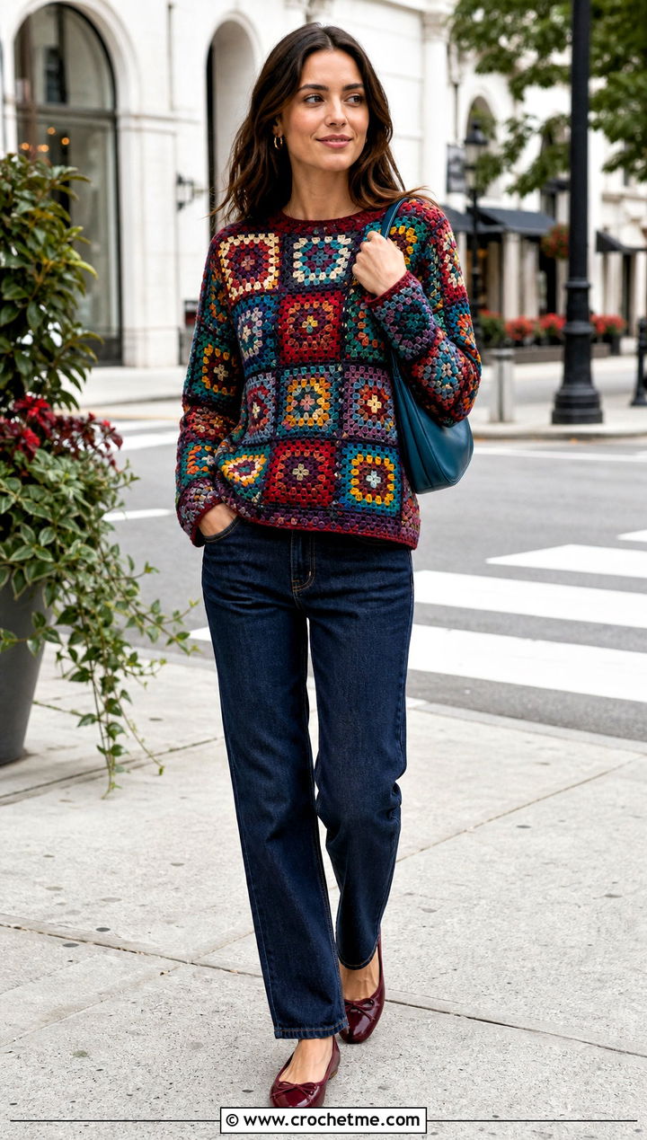Granny Square Designer Crochet Sweater With Straight Leg Jeans - 15 Designer Crochet Sweater outfit ideas