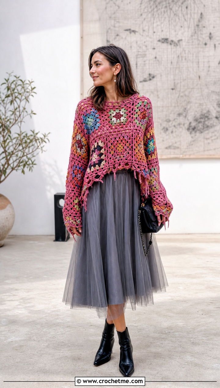 Granny Square Distressed Crochet Sweater With Tulle Skirt - 35 distressed crochet sweater outfit ideas