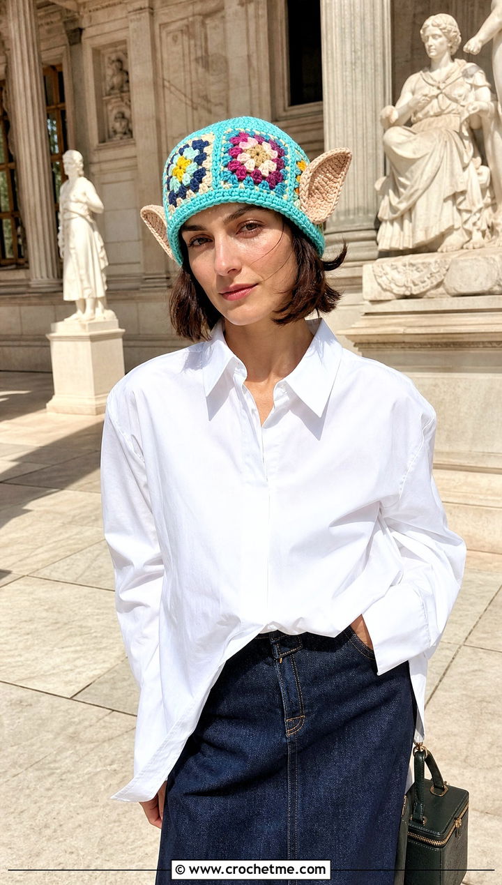 Granny Square Dobby Crochet Hat With White Shirt And Denim Skirt - 25 dobby crochet hat outfit ideas