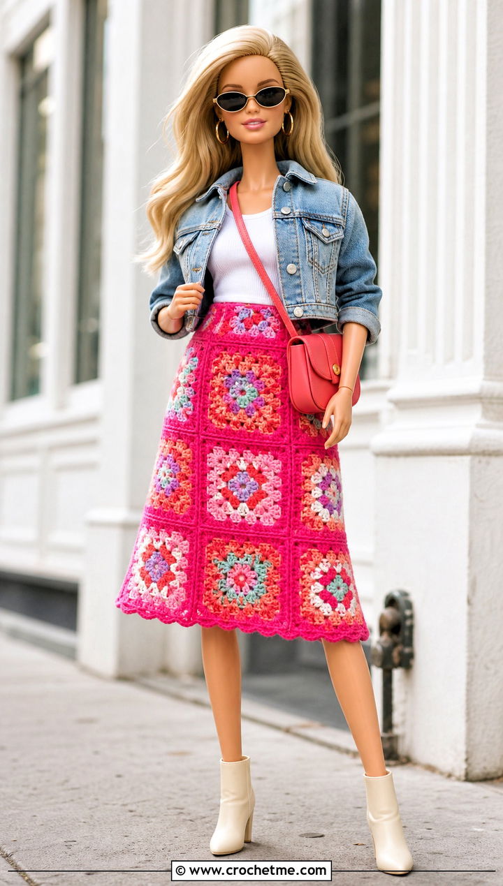 Granny Square Doll Skirt With Denim Jacket - 15 Crochet Doll Skirts outfit ideas