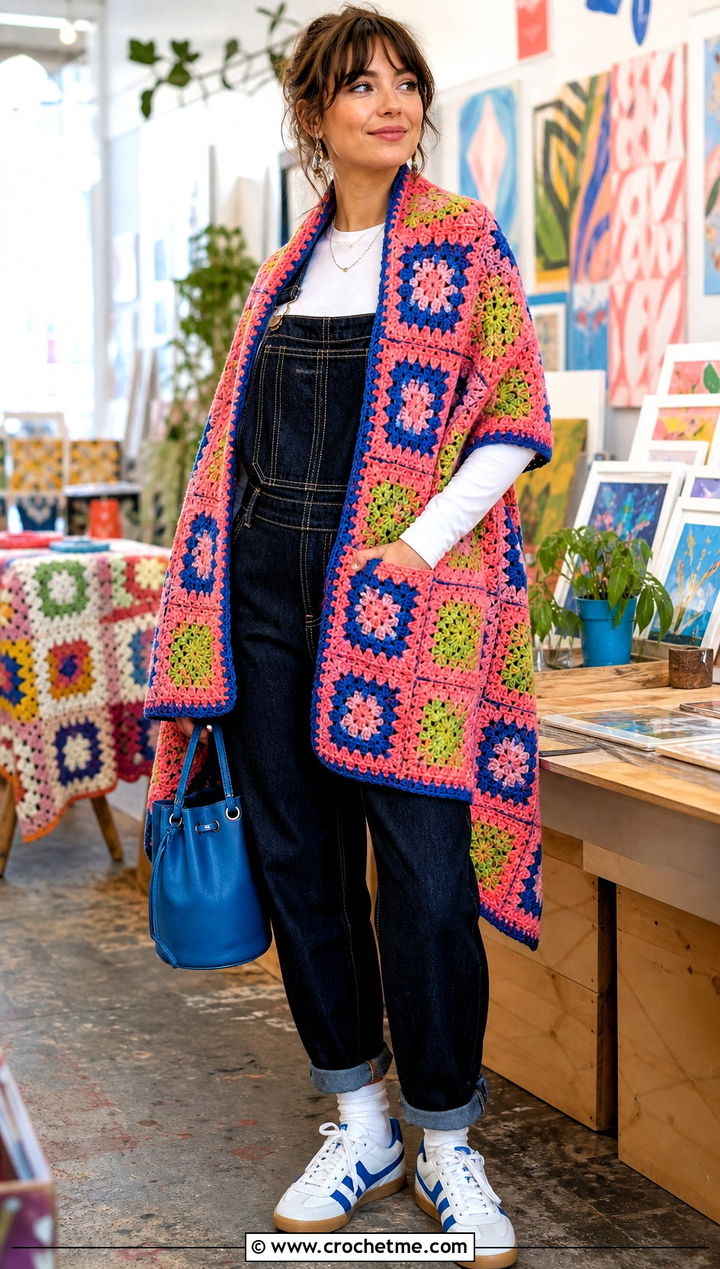 Granny Square Double Crochet Shawl With Overalls - 20 Double Crochet Shawl outfit ideas
