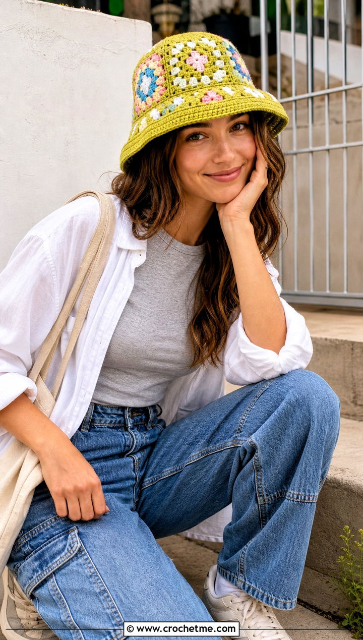 Granny Square Double Layer Crochet Bucket Hat With Carpenter Jeans - 15 Double Layer Crochet Hat outfit ideas