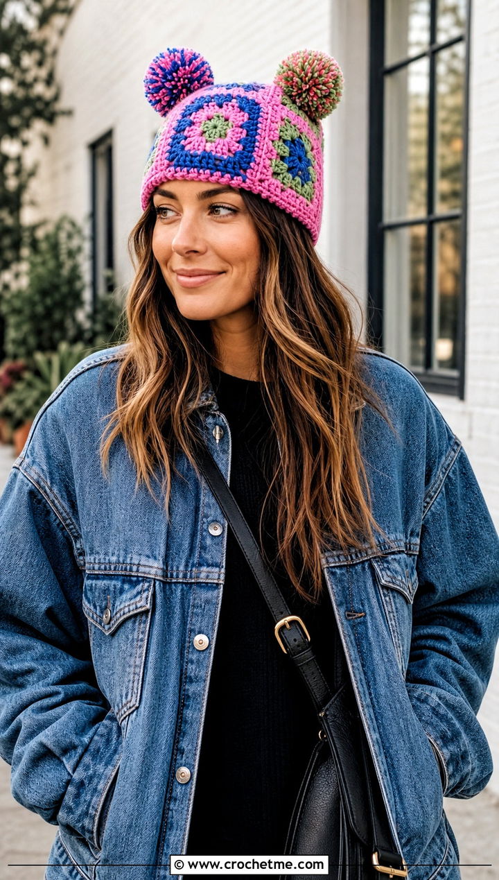 Granny Square Double Pom Hat With Denim Jacket - 20 Crochet Hat With Two Pom Poms outfit ideas