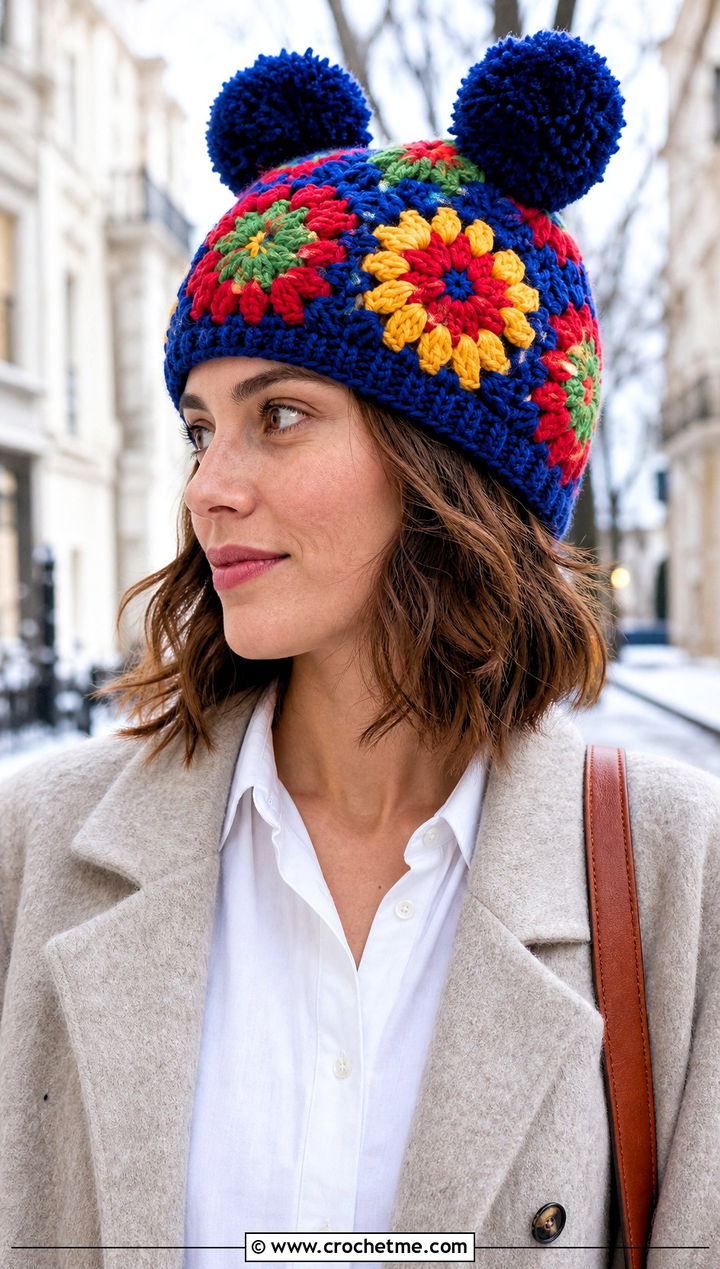 Granny Square Double Pompom Crochet Hat With White Jeans - 25 Double Pompom Crochet Hat outfit ideas