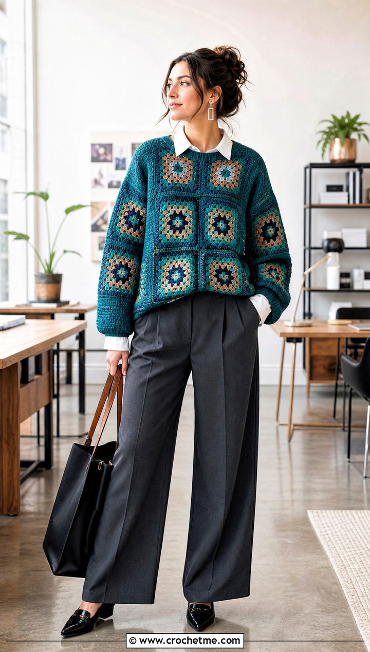 Granny Square Drop Shoulder Oversize Crochet Sweater With Tailored Trousers - 15 Oversize Crochet Sweater outfit ideas
