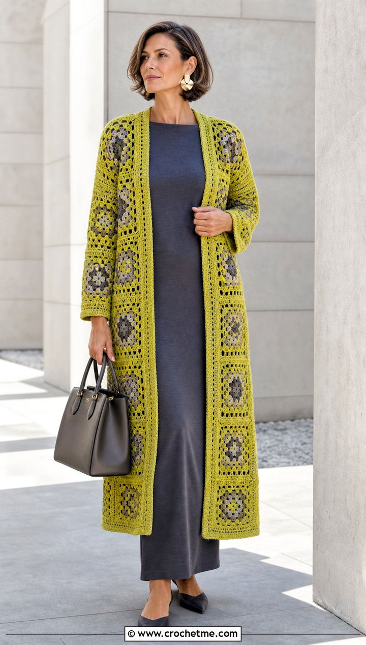 Granny Square Duster Cardigan With Column Dress - 35 Granny Square Clothing Ideas