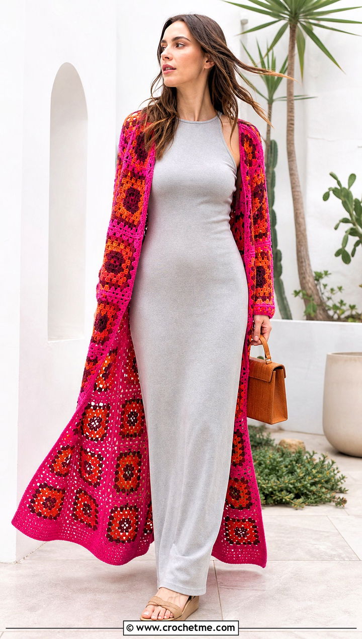 Granny Square Duster Cardigan With Column Dress - 30 cardigan with granny square outfit ideas