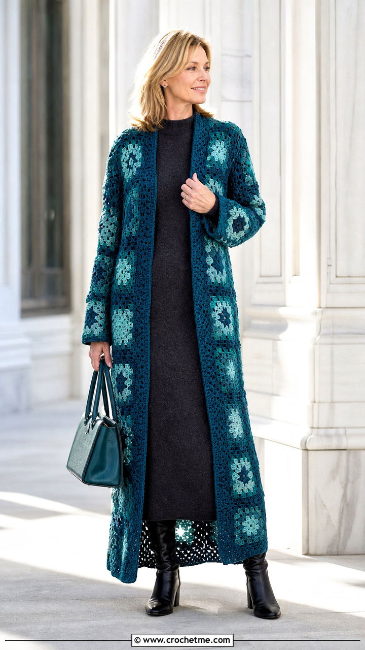 Granny Square Duster Cardigan With Knit Midi Dress - 35 crochet granny square cardigan outfit ideas