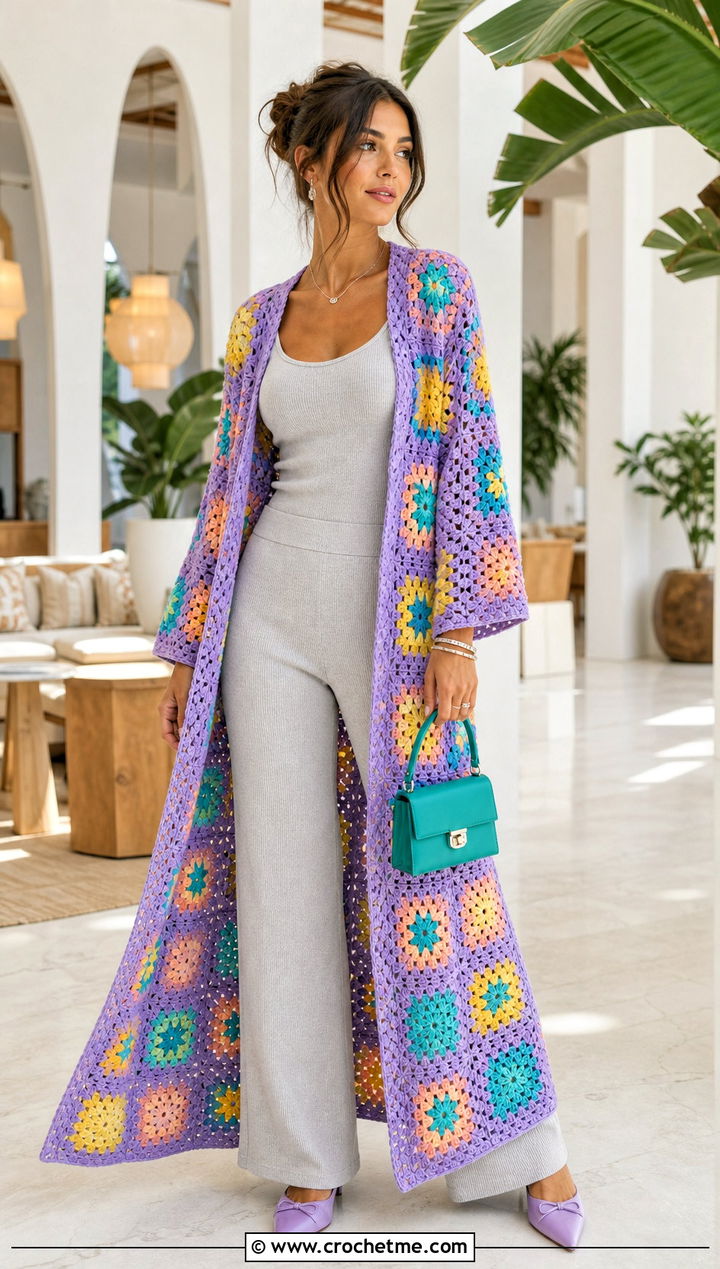Granny Square Duster Cardigan With Matching Knit Set - 25 pastel granny square cardigan outfit ideas