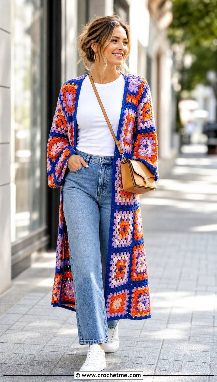 Granny Square Duster Cardigan With Straight Leg Jeans - 30 crochet long cardigan sweater coats outfit ideas