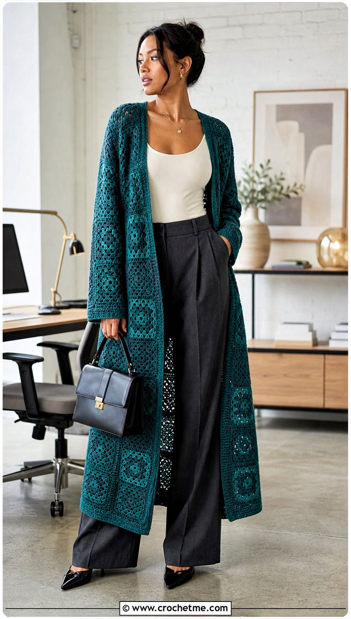 Granny Square Duster Cardigan With Wide Leg Trousers - 25 granny square long cardigan outfit ideas